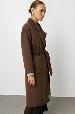 Mizalle Yünlü Kaşe Doku Torba Cepli Basic Kahverengi Kaban