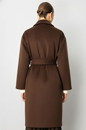 Mizalle Yünlü Kaşe Doku Torba Cepli Basic Kahverengi Kaban