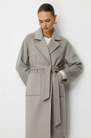 Mizalle Yünlü Kaşe Doku Torba Cepli Basic Vizon Rengi Kaban