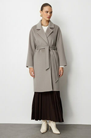 Mizalle Yünlü Kaşe Doku Torba Cepli Basic Vizon Rengi Kaban