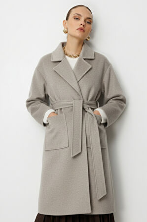 Mizalle Yünlü Kaşe Doku Torba Cepli Basic Vizon Rengi Kaban