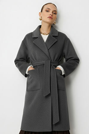 Mizalle Yünlü Kaşe Doku Torba Cepli Basic Antrasit Kaban