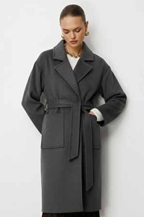 Mizalle Yünlü Kaşe Doku Torba Cepli Basic Antrasit Kaban