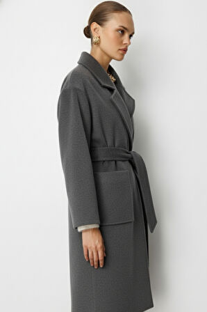 Mizalle Yünlü Kaşe Doku Torba Cepli Basic Antrasit Kaban