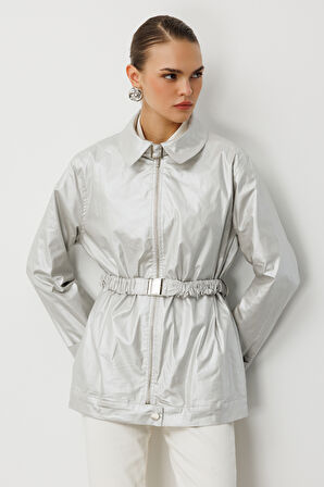 Mizalle Metalik Gri Parlak Dokulu Kuşaklı  Trençkot