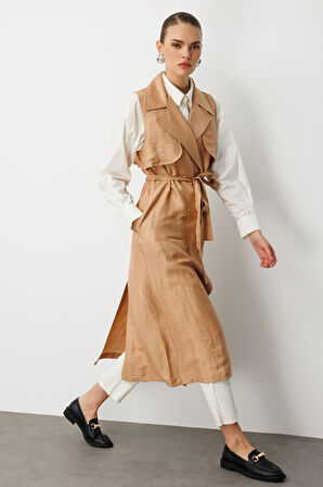 Bej Mizalle Keten Karışımlı Camel Uzun Trençkot Yelek