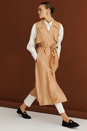 Bej Mizalle Keten Karışımlı Camel Uzun Trençkot Yelek