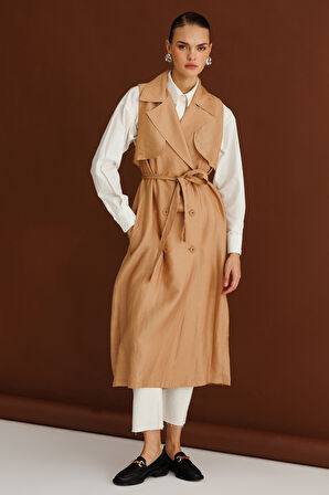 Bej Mizalle Keten Karışımlı Camel Uzun Trençkot Yelek