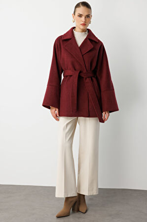 Mizalle Rahat Kesim Yünlü Kısa Mürdüm  Kaşe Kaban