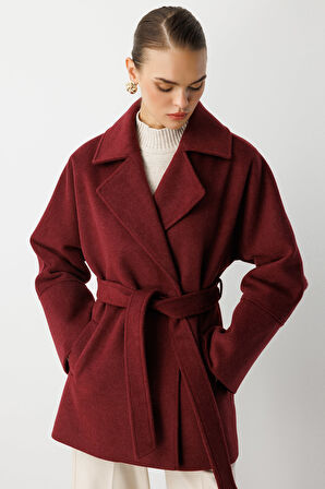 Mizalle Rahat Kesim Yünlü Kısa Mürdüm  Kaşe Kaban