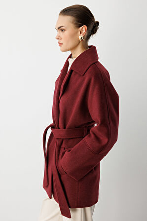 Mizalle Rahat Kesim Yünlü Kısa Mürdüm  Kaşe Kaban