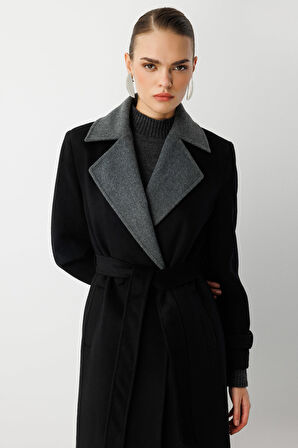 Mizalle Siyah Gri Detaylı Uzun Klasik Kaşe Kaban