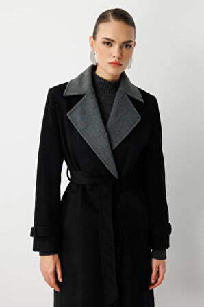 Mizalle Siyah Gri Detaylı Uzun Klasik Kaşe Kaban