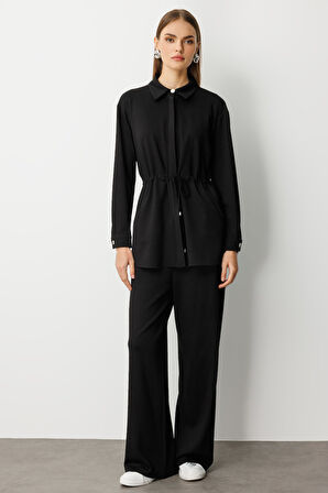 Mizalle Beli İp Büzgülü Yumuşak Dokulu Siyah Tunik