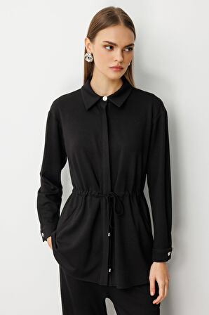 Mizalle Beli İp Büzgülü Yumuşak Dokulu Siyah Tunik
