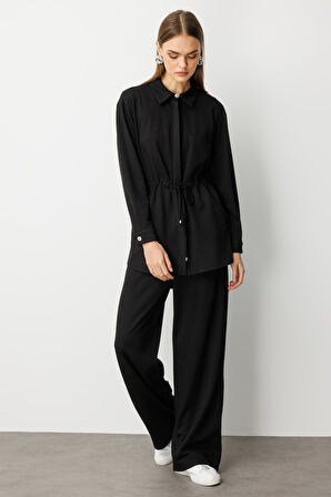 Mizalle Beli İp Büzgülü Yumuşak Dokulu Siyah Tunik