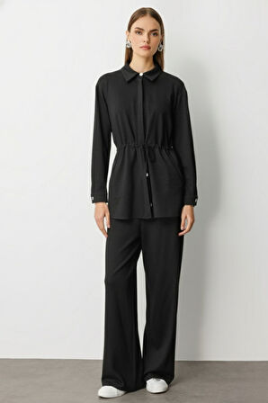 Mizalle Beli İp Büzgülü Yumuşak Dokulu Antrasit Tunik