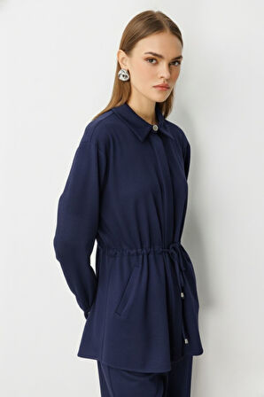 İndigo Mavi Mizalle Beli İp Büzgülü Yumuşak Dokulu İndigo Tunik