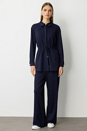 İndigo Mavi Mizalle Beli İp Büzgülü Yumuşak Dokulu İndigo Tunik