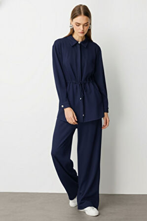 İndigo Mavi Mizalle Beli İp Büzgülü Yumuşak Dokulu İndigo Tunik