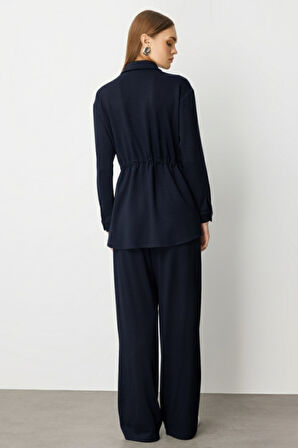 İndigo Mavi Mizalle Beli İp Büzgülü Yumuşak Dokulu İndigo Tunik