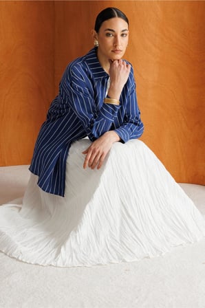Mizalle Oversize Lacivert Çizgili Gömlek