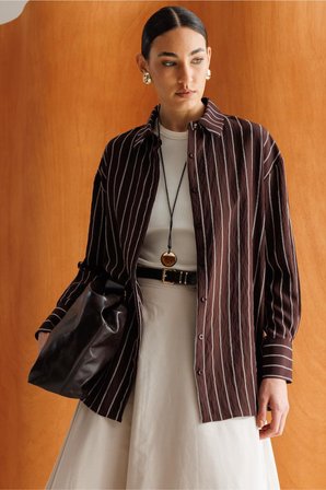 Mizalle Oversize Kahverengi Çizgili Gömlek