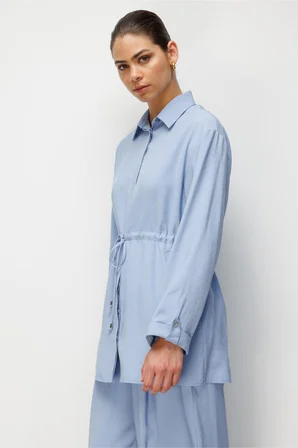 Mizalle Beli Büzgülü Modal Dokulu Mavi Tunik