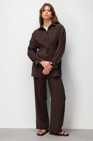 Mizalle Beli Büzgülü Modal Dokulu Kahverengi Tunik