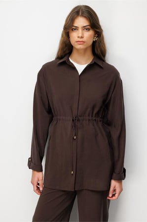 Mizalle Beli Büzgülü Modal Dokulu Kahverengi Tunik