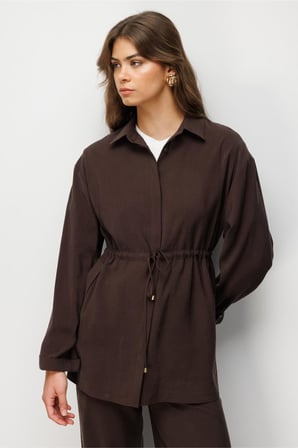 Mizalle Beli Büzgülü Modal Dokulu Kahverengi Tunik