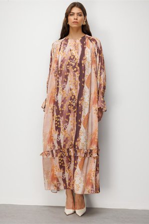 Desenli Mizalle Floral Detaylı Maksi Elbise