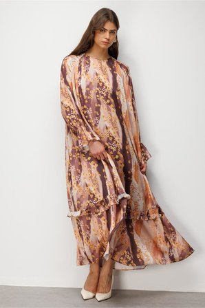 Desenli Mizalle Floral Detaylı Maksi Elbise