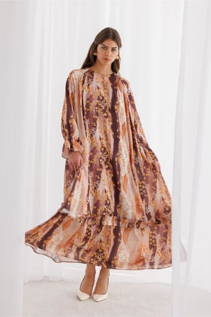 Desenli Mizalle Floral Detaylı Maksi Elbise