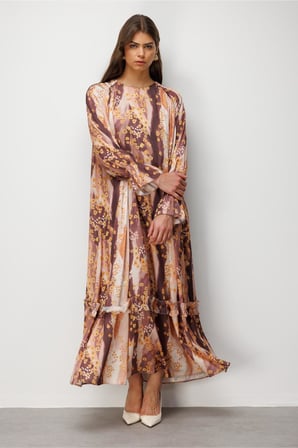 Desenli Mizalle Floral Detaylı Maksi Elbise