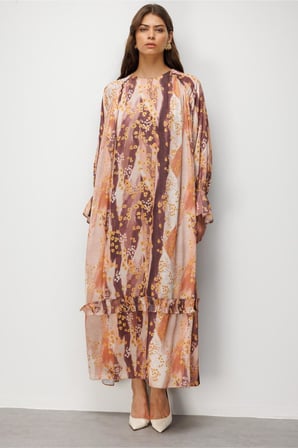 Desenli Mizalle Floral Detaylı Maksi Elbise