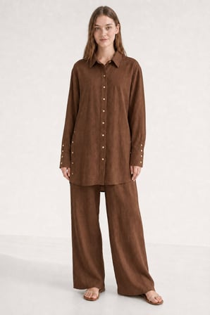 Kahverengi Mizalle Keten Dokulu Yan Düğme Detaylı Oversize Kahve Tunik