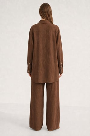 Kahverengi Mizalle Keten Dokulu Yan Düğme Detaylı Oversize Kahve Tunik