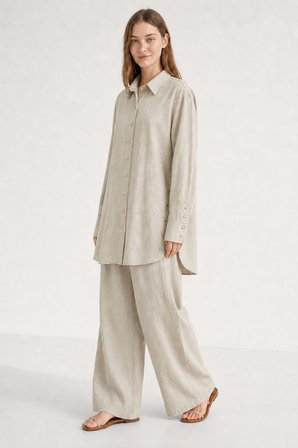 Taş Rengi Mizalle Keten Dokulu Yan Düğme Detaylı Oversize Taş Tunik