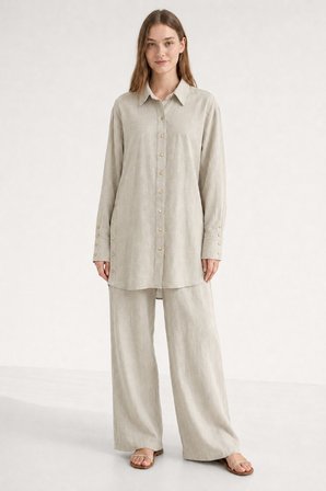 Taş Rengi Mizalle Keten Dokulu Yan Düğme Detaylı Oversize Taş Tunik