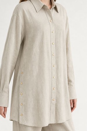 Taş Rengi Mizalle Keten Dokulu Yan Düğme Detaylı Oversize Taş Tunik