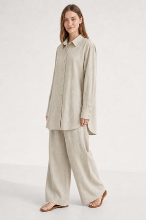 Taş Rengi Mizalle Keten Dokulu Yan Düğme Detaylı Oversize Taş Tunik