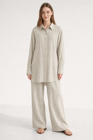 Taş Rengi Mizalle Keten Dokulu Yan Düğme Detaylı Oversize Taş Tunik