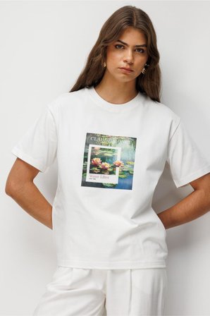 Mizalle Monet Water Lilies Baskılı Suprem Beyaz T-Shirt