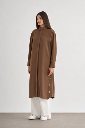 Mizallle Çıtçıtlı Uzun Kahverengi Yazlık Tunik