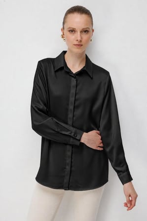 Mizalle Basic Siyah Saten Gömlek