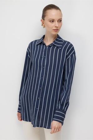 Mizalle Çizgili Oversize Lacivert Viskon Gömlek