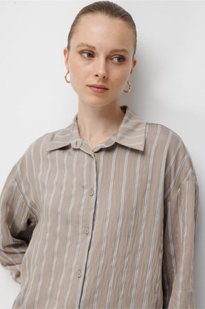 Mizalle Çizgili Oversize Taş Rengi Viskon Gömlek