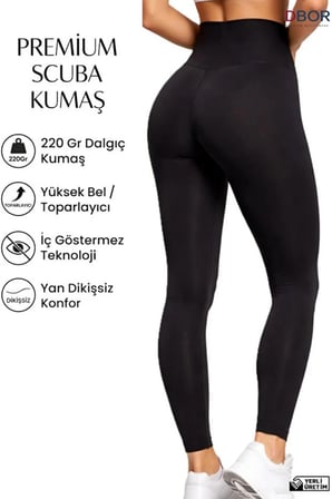 DBOR Siyah Yüksek Bel Toparlayıcı Dalgıç Kumaş İç Göstermez Kadın Tayt Premium Scuba Fit Şekillendirici 	Esnek Günlük Sporcu Taytı