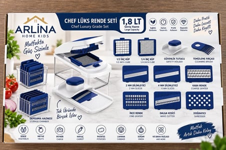 Çok Fonksiyonlu 8 Bıçaklı Doğrayıcı Set Sebze & Meyve Dilimleme, Rendeleme ve Küp Doğrama Aparatı1,8 Lt
